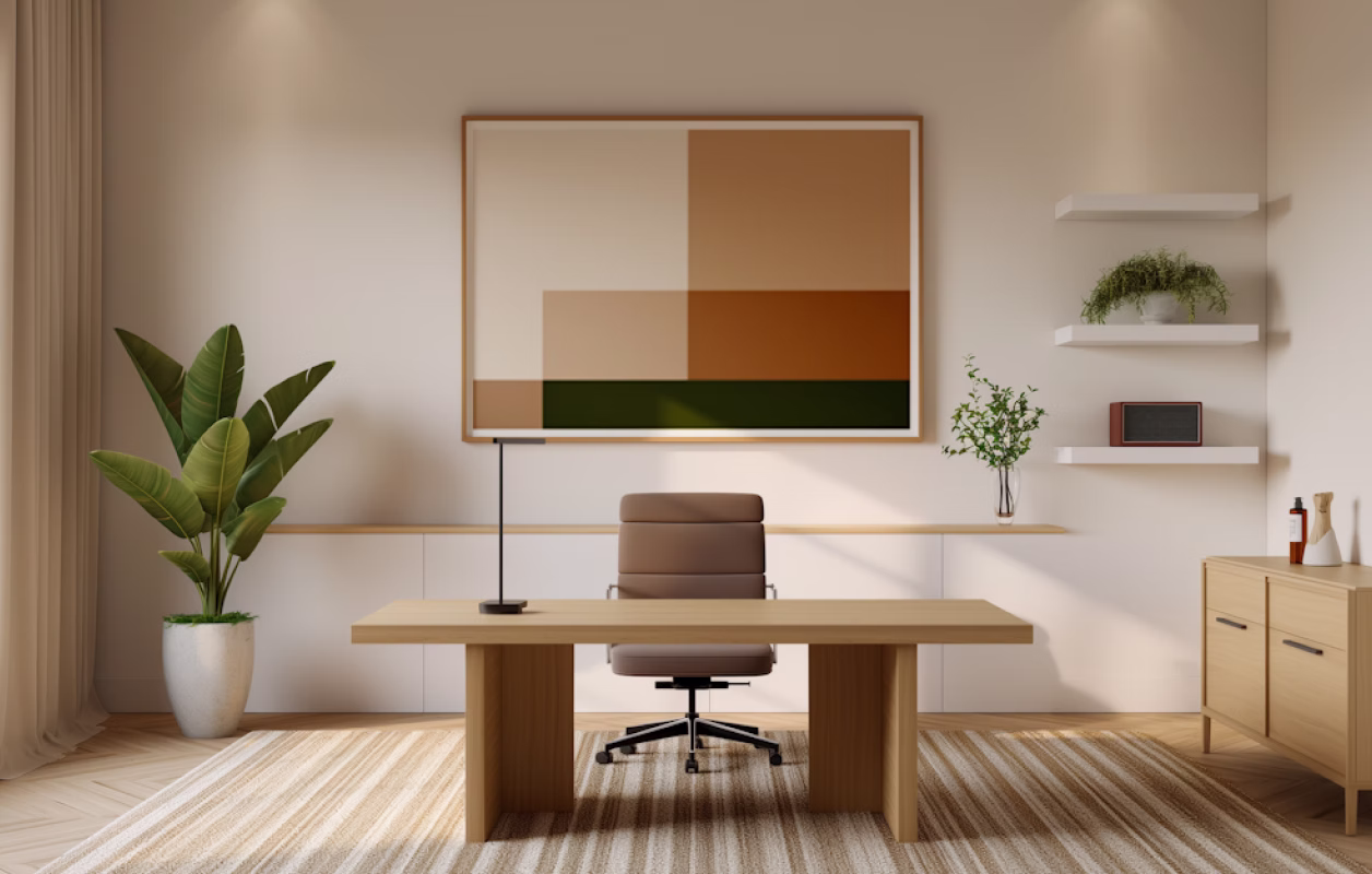 Minimalist office with wooden desk, ergonomic chair, large plant, abstract wall art, and shelves.