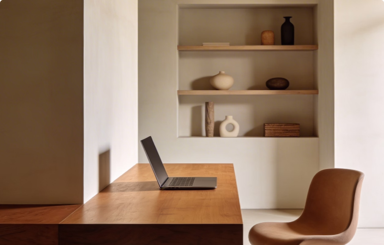 Minimalist office with a wooden desk, open laptop, brown chair, and built-in wall shelves with decor.