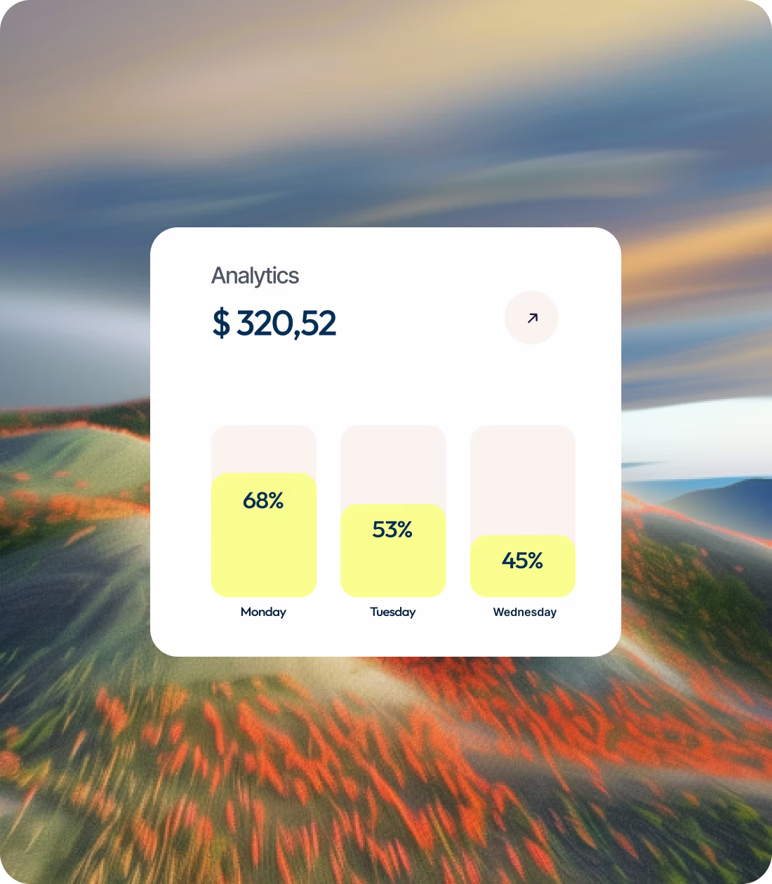Analytics card showing a total of $320.52 and bar charts for Monday 68%, Tuesday 53%, Wednesday 45%.