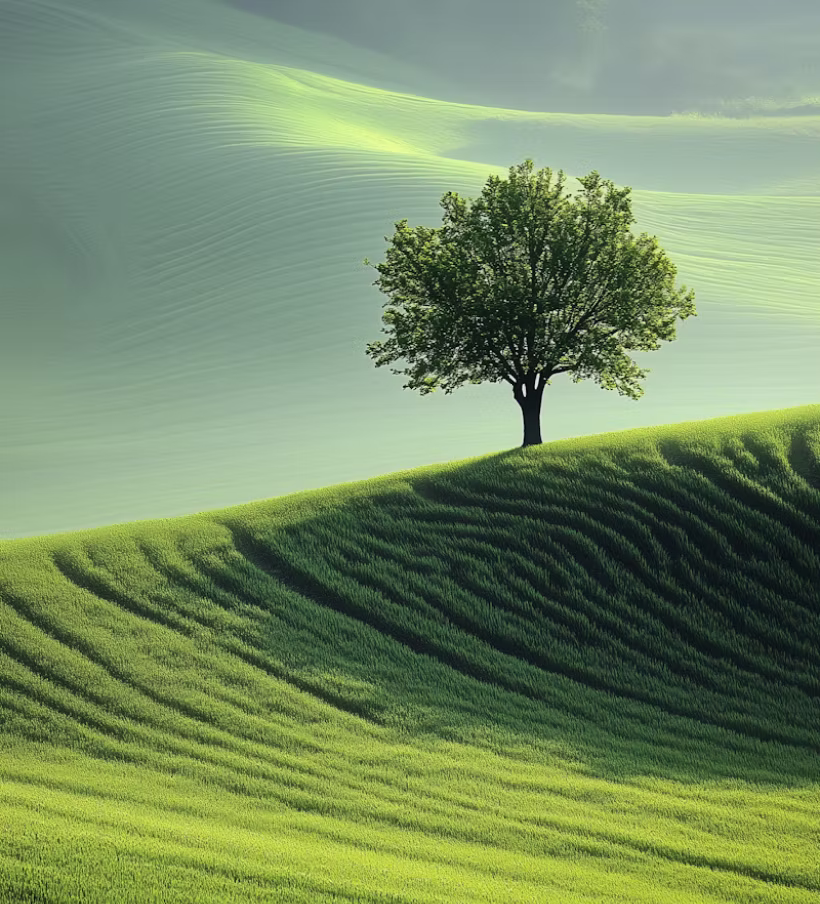 Single tree on a green hill with wavy patterns in grass under a cloudy sky.