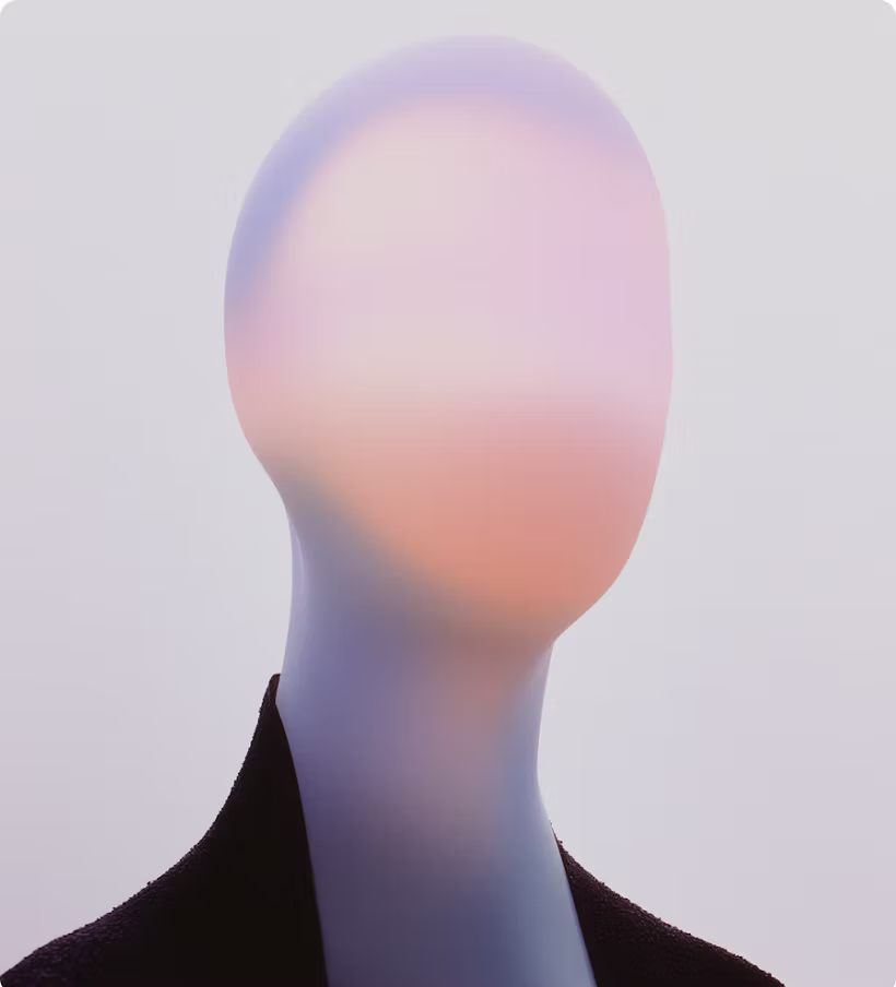 Abstract faceless figure with smooth gradient colors wearing a dark jacket on a light background.