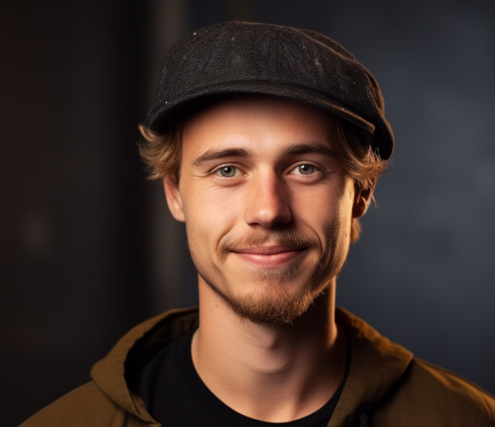 Young man with a mustache and beard wearing a dark flat cap and an olive green jacket smiling.