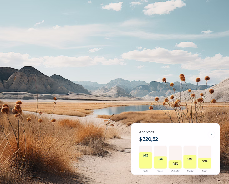 Desert landscape with dry grass, mountains, a water body, and an analytics chart overlay showing financial data.