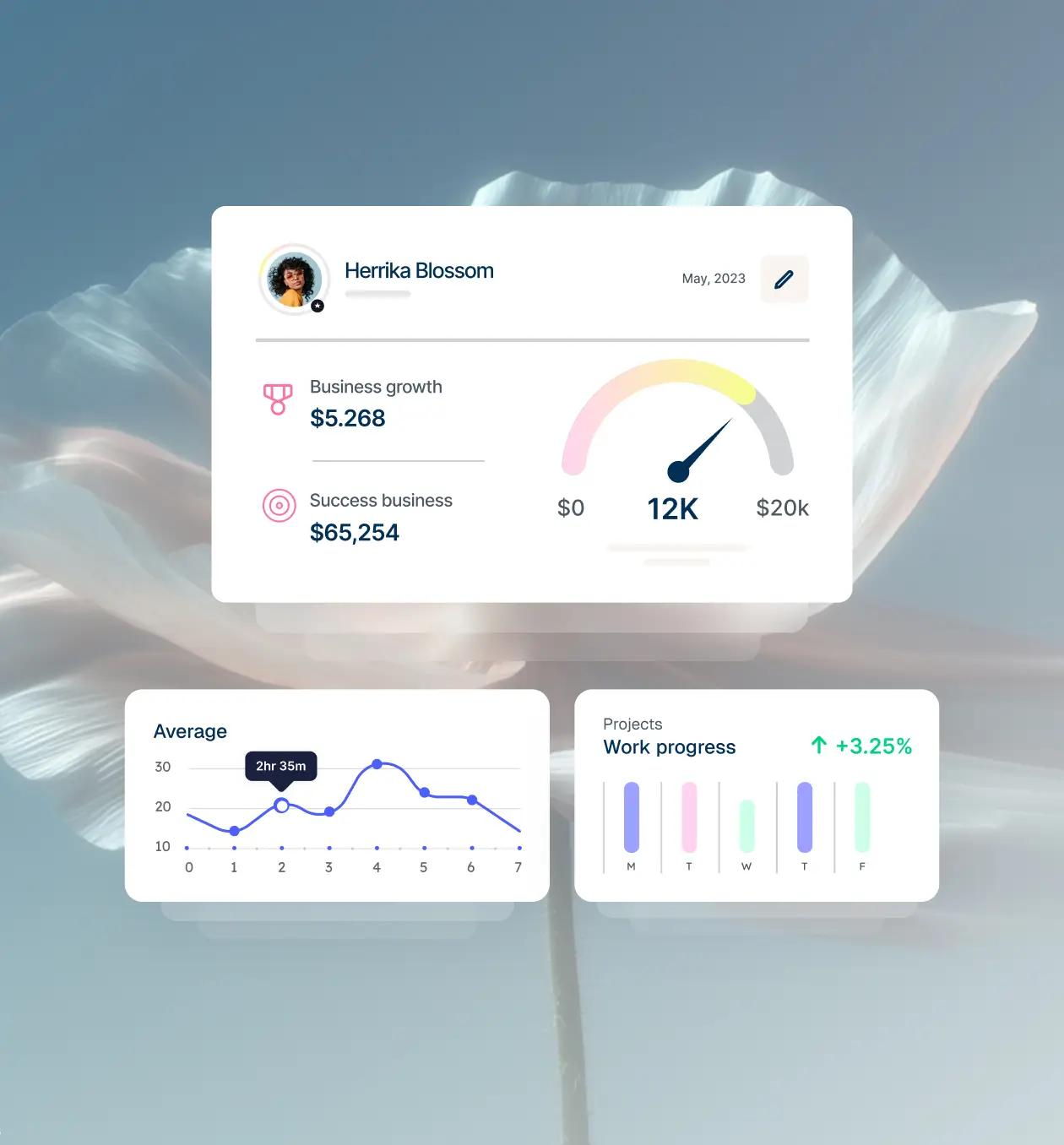 Dashboard showing business growth, success metrics, an average time graph, and project work progress percentages.