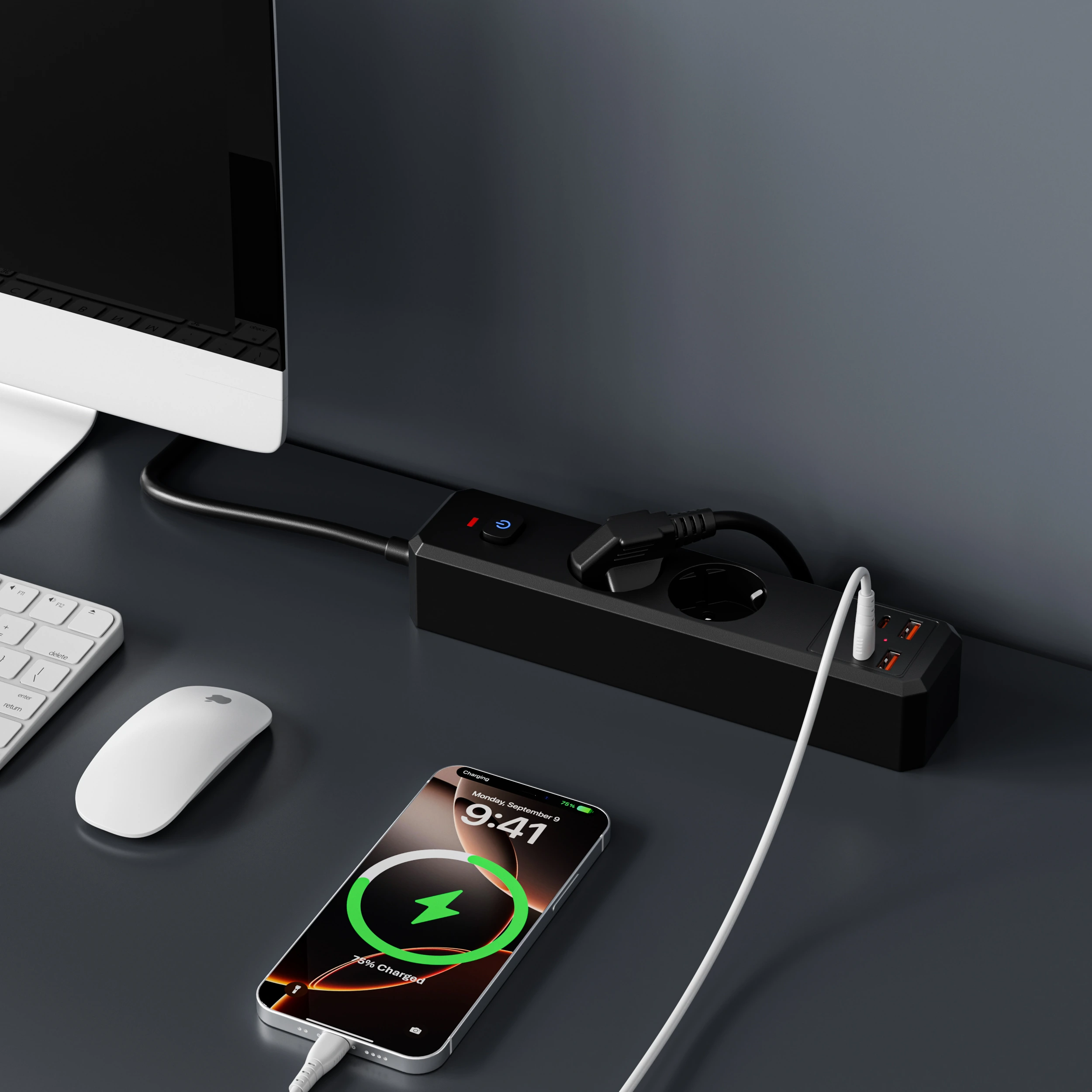 XR-EU-A2U power strip on a desktop with connected devices