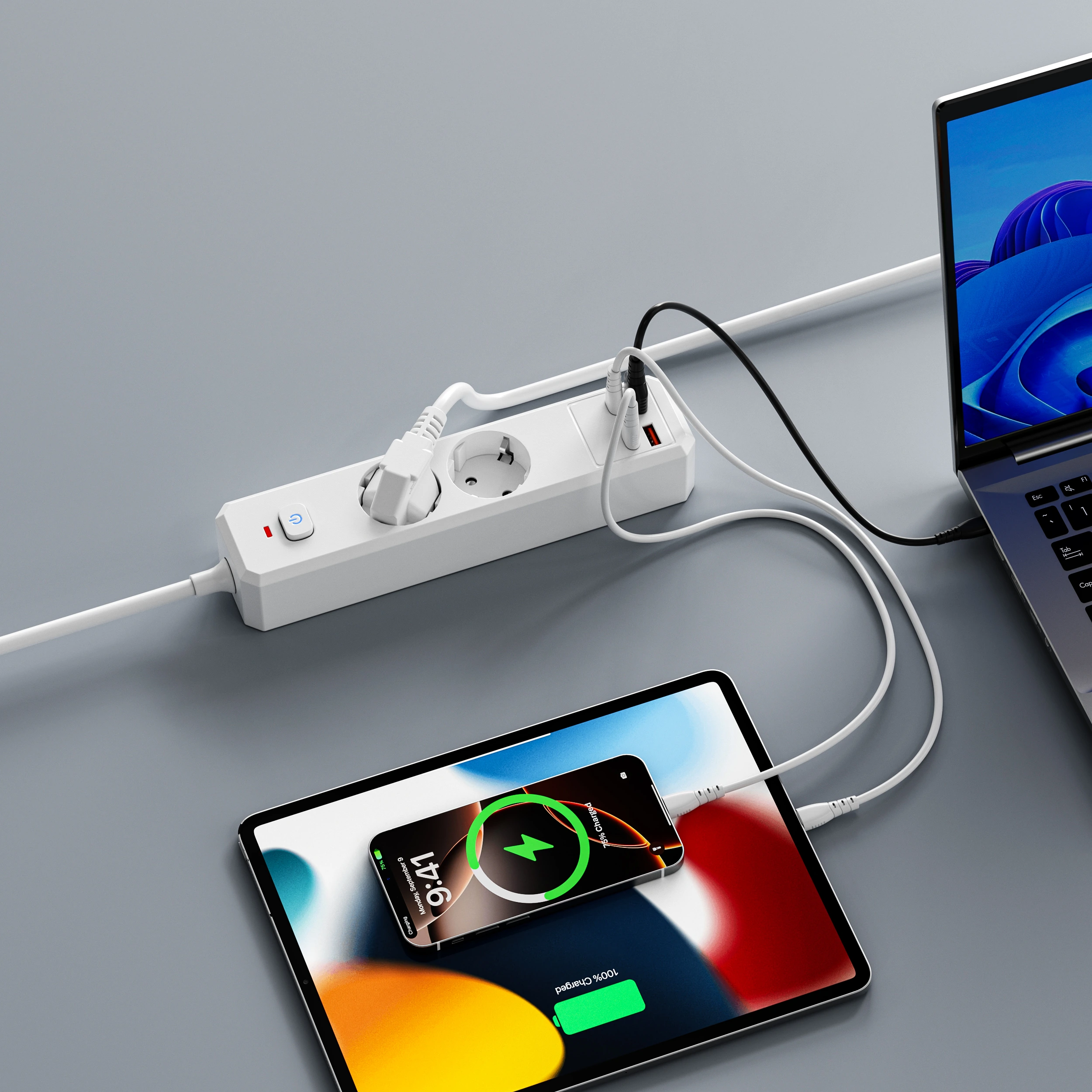 XR-EU-A2U power strip beside office equipment