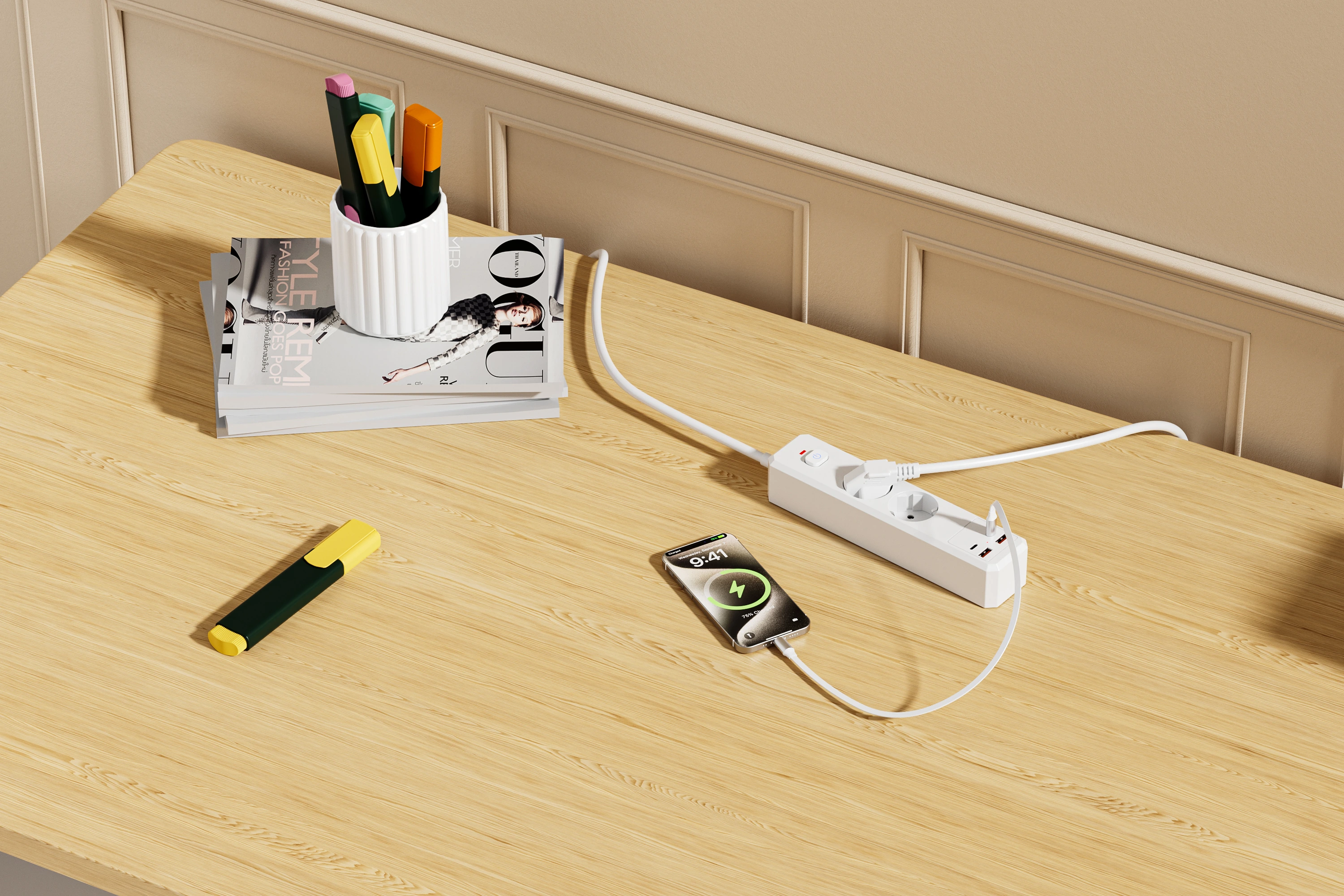 XR-EU-A2U power strip in a workspace setting
