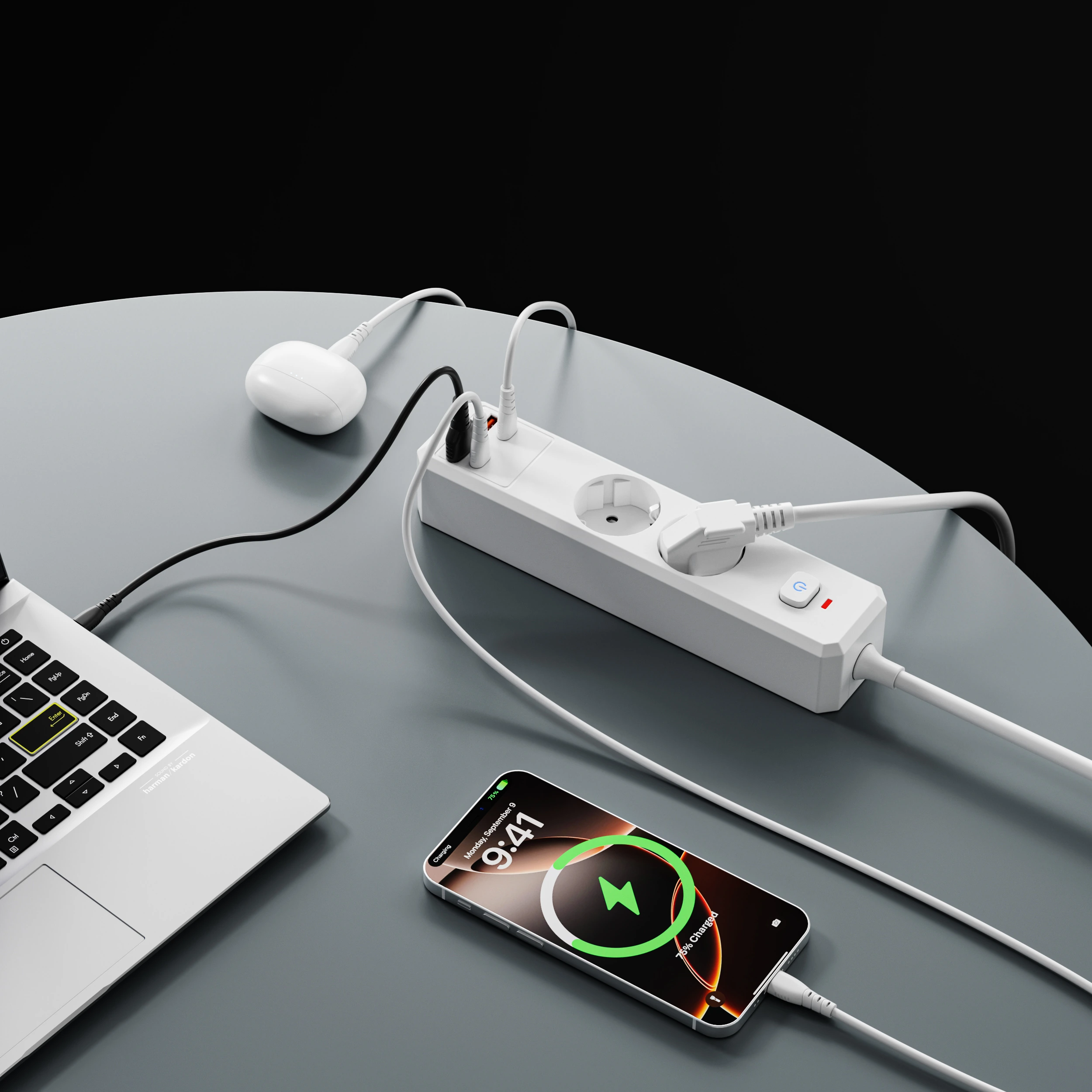 XR-EU-A2U power strip in a home workspace