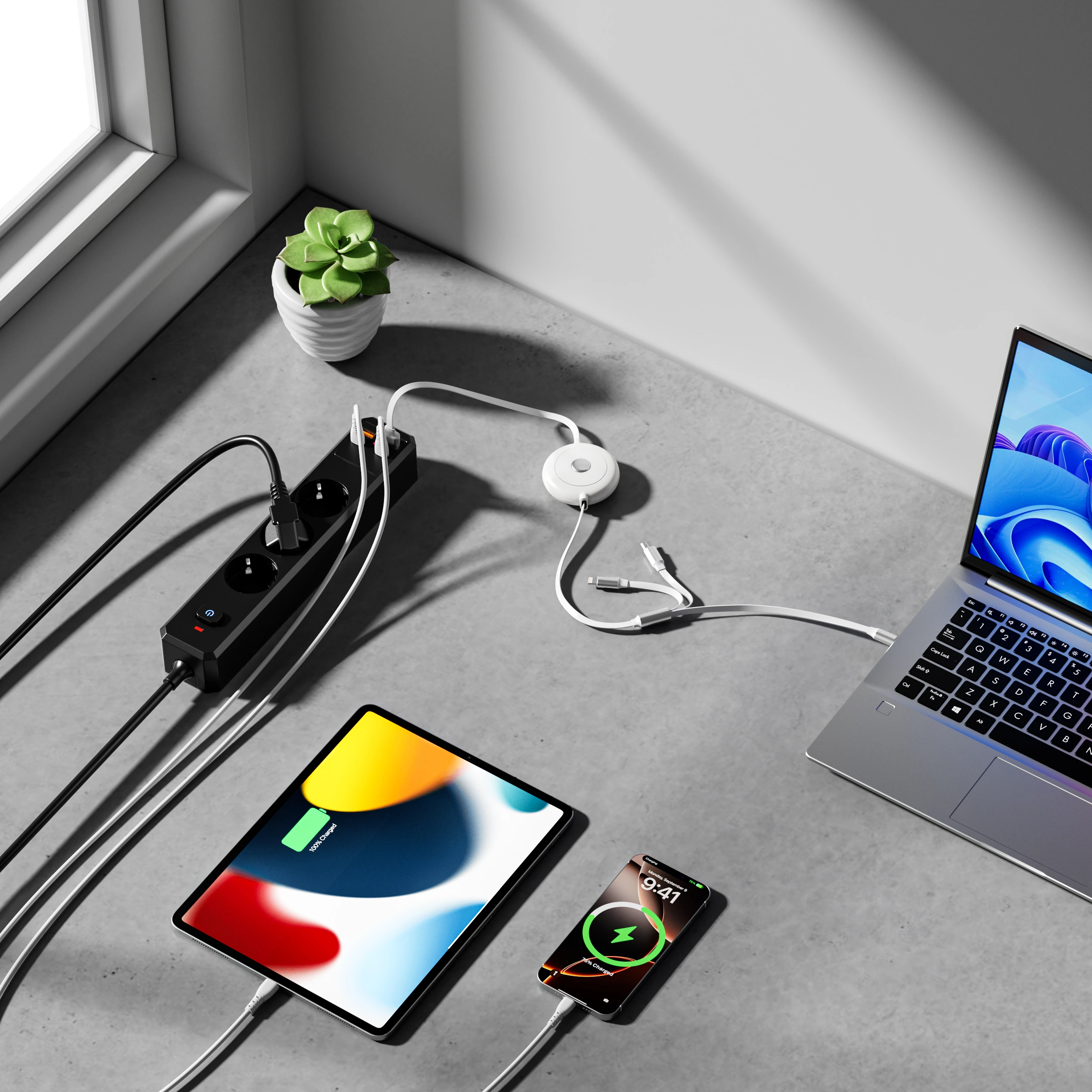 XR-EU-A3U power strip on a desktop with connected devices