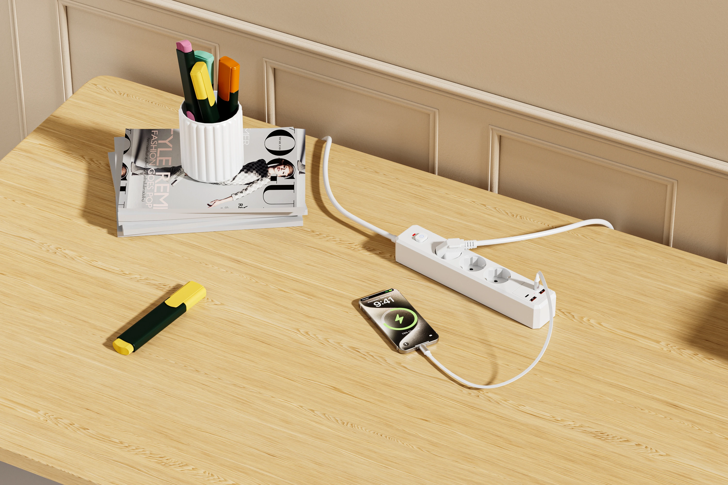 XR-EU-A3U power strip in a workspace setting