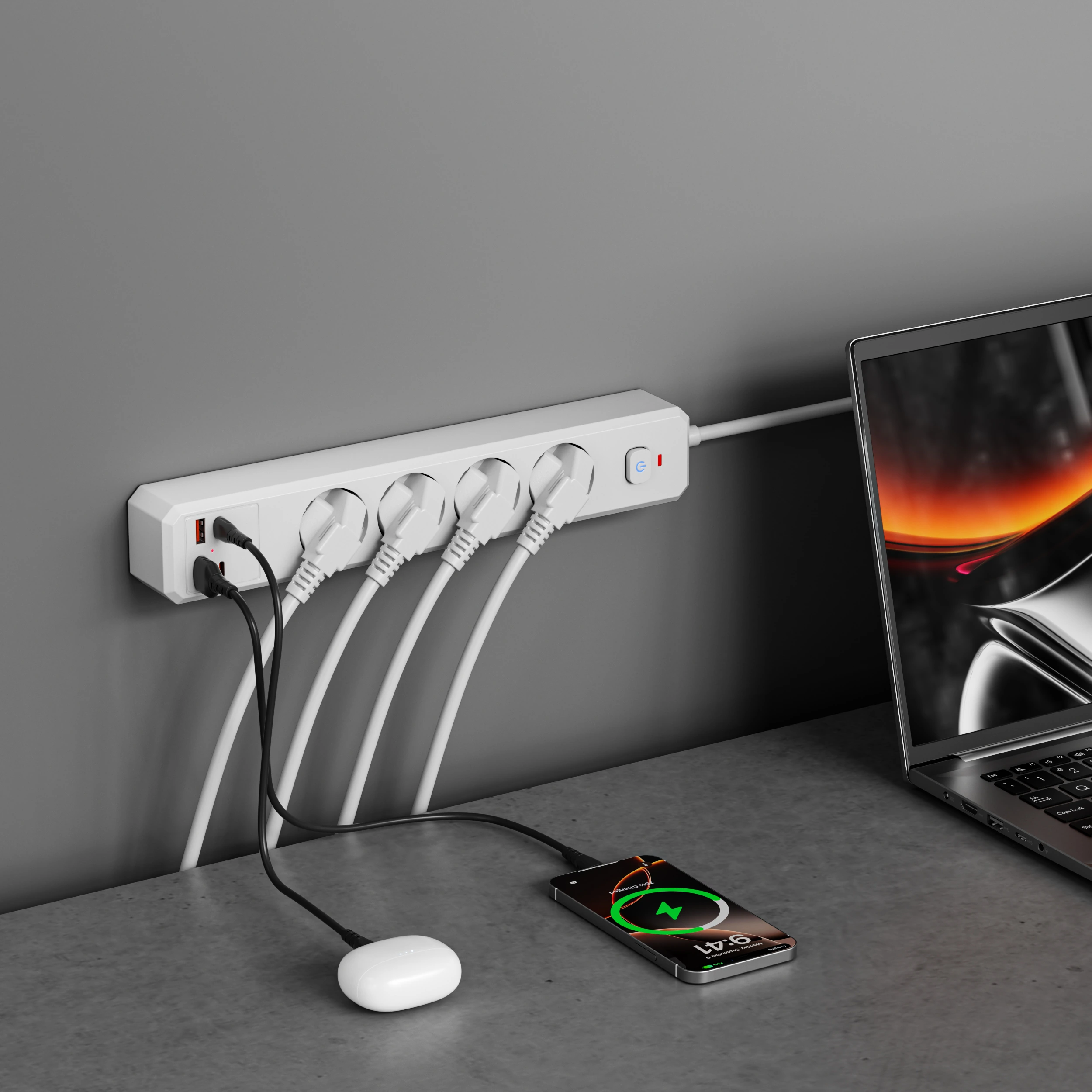 XR-EU-A4U power strip on a desktop with connected devices