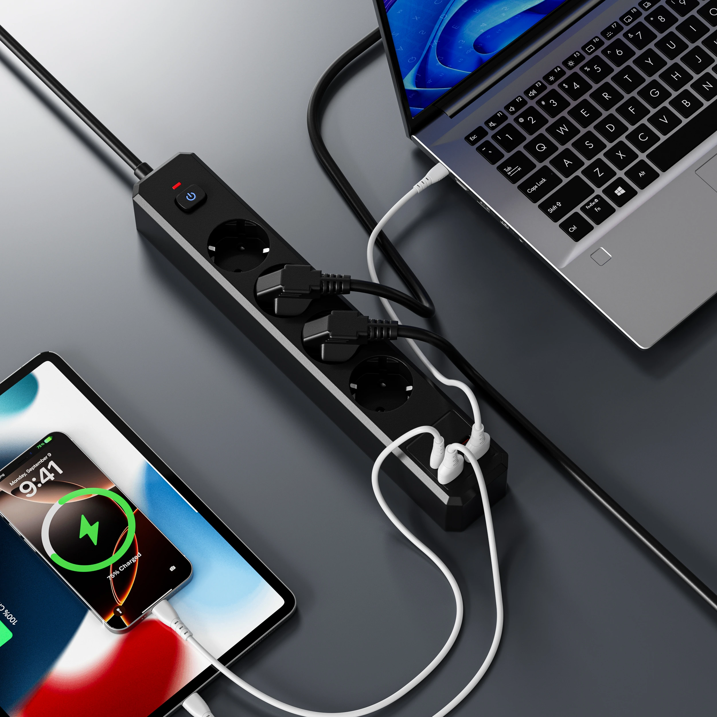 XR-EU-A4U power strip in a home workspace