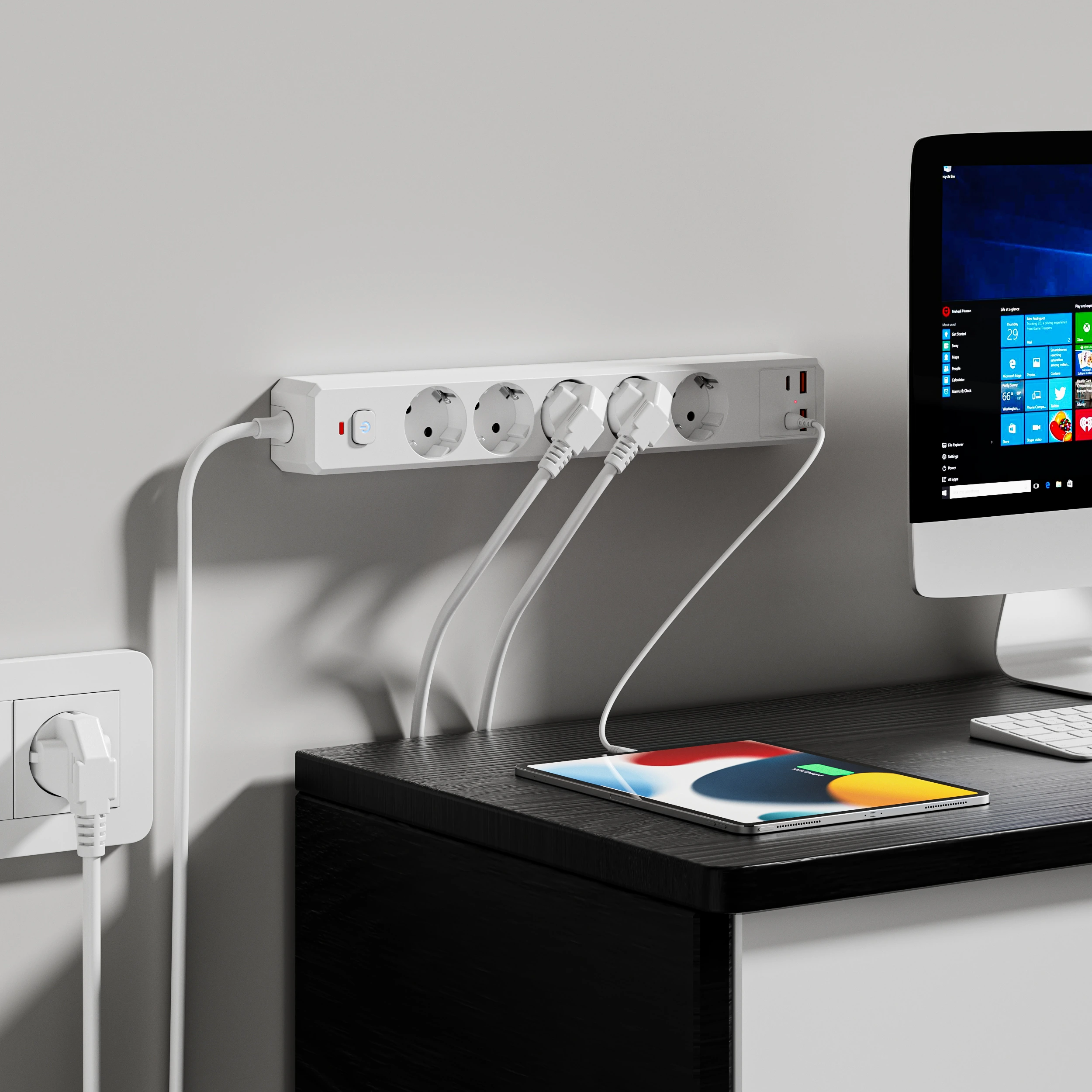 XR-EU-A5U power strip in a home workspace