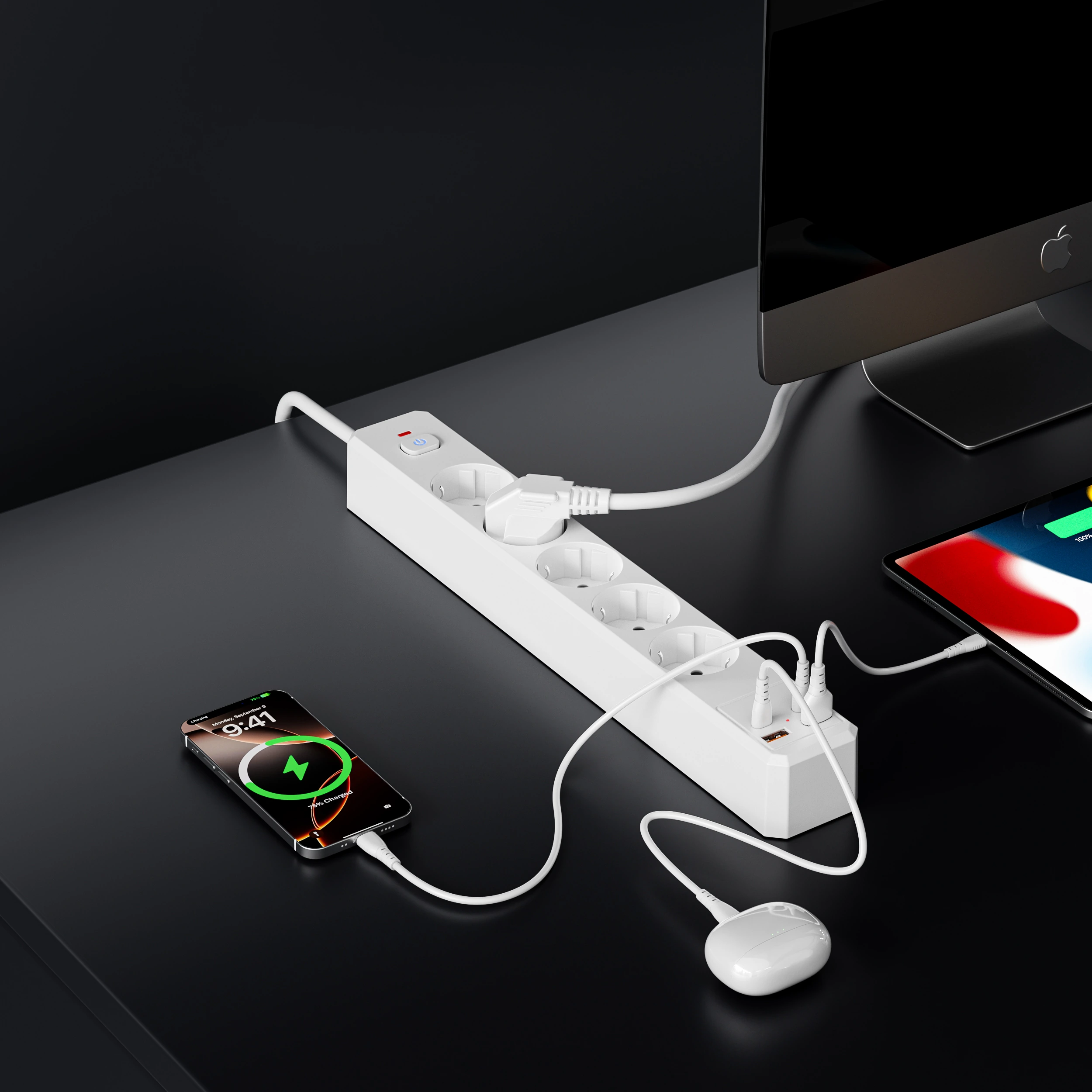 XR-EU-A5U power strip powering devices in a workspace