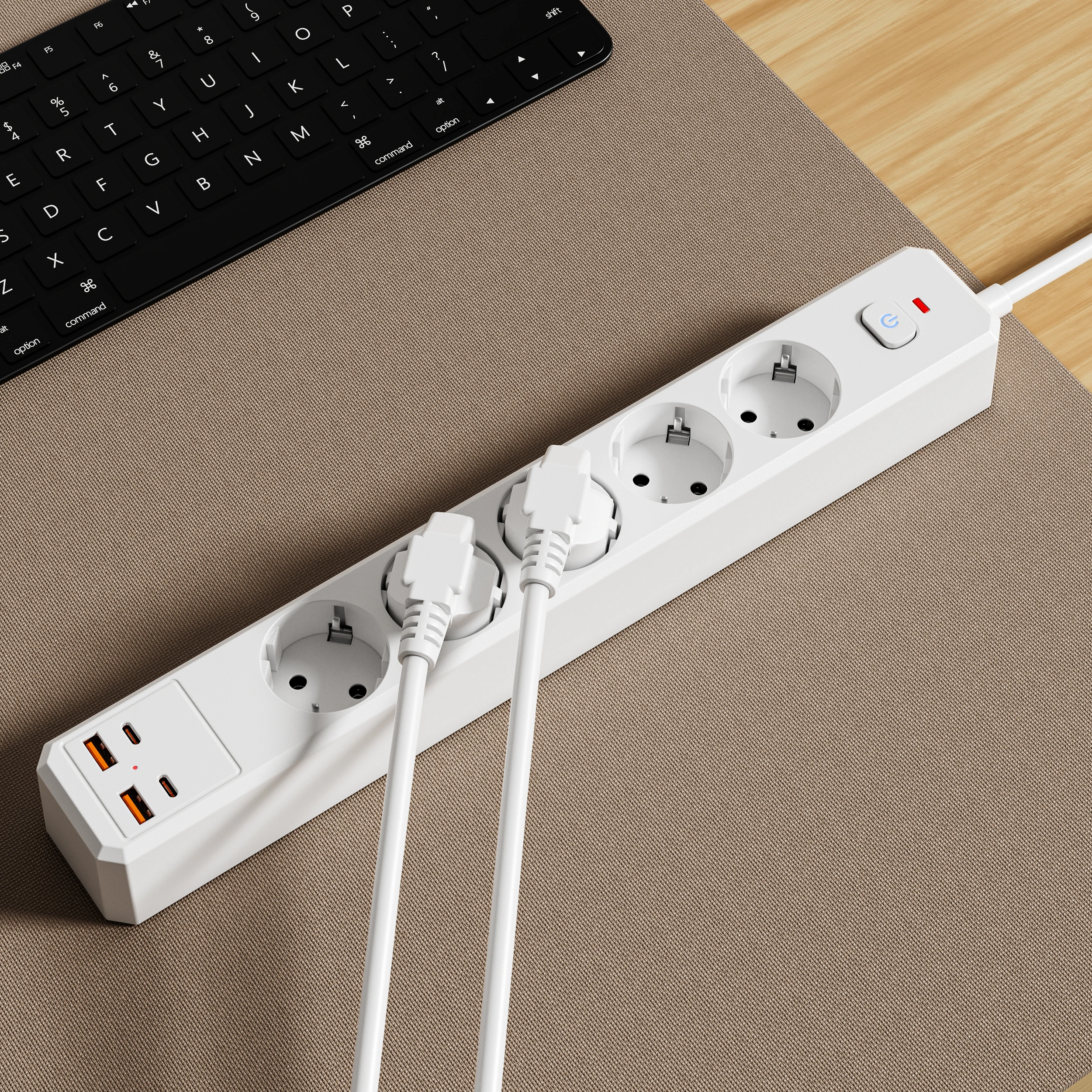 XR-EU-A5U power strip installed beside a desk
