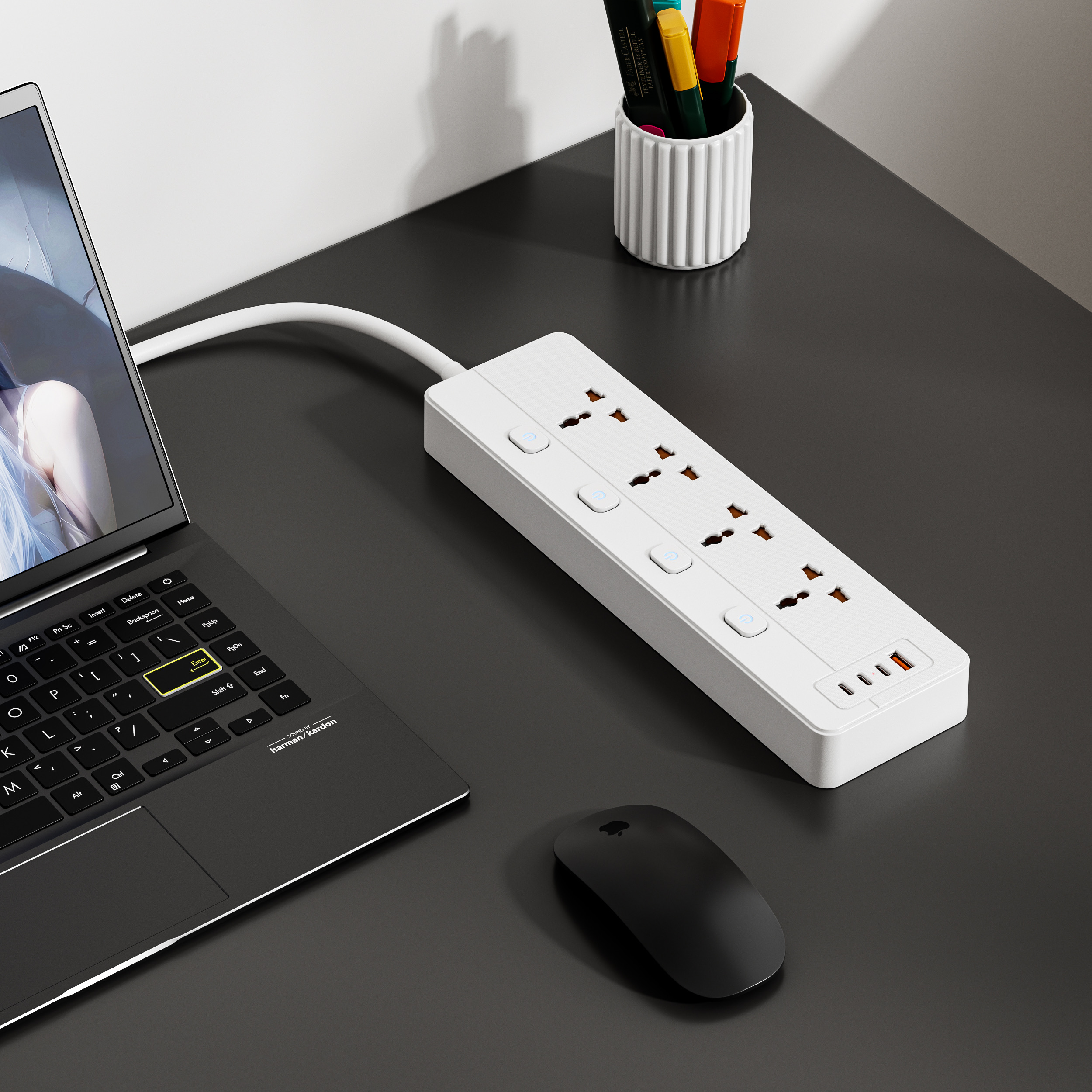 XR-WNC-B4U universal power strip on office desktop