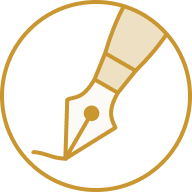 Golden pen icon inside a circular border on a transparent background.