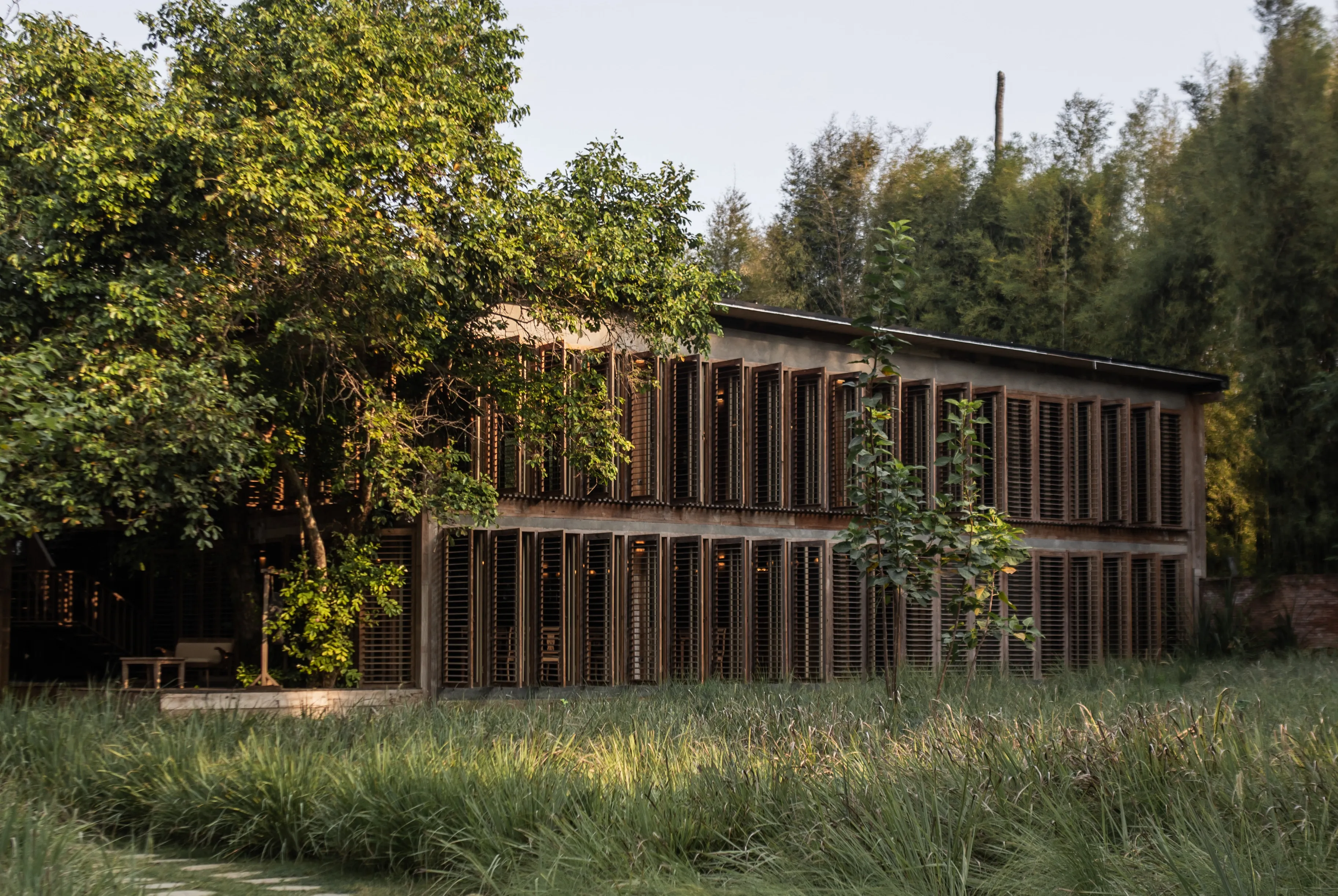 Exterior view of a two-story wooden and bamboo retreat building surrounded by lush green trees and tall grass at The Shaba Shala.