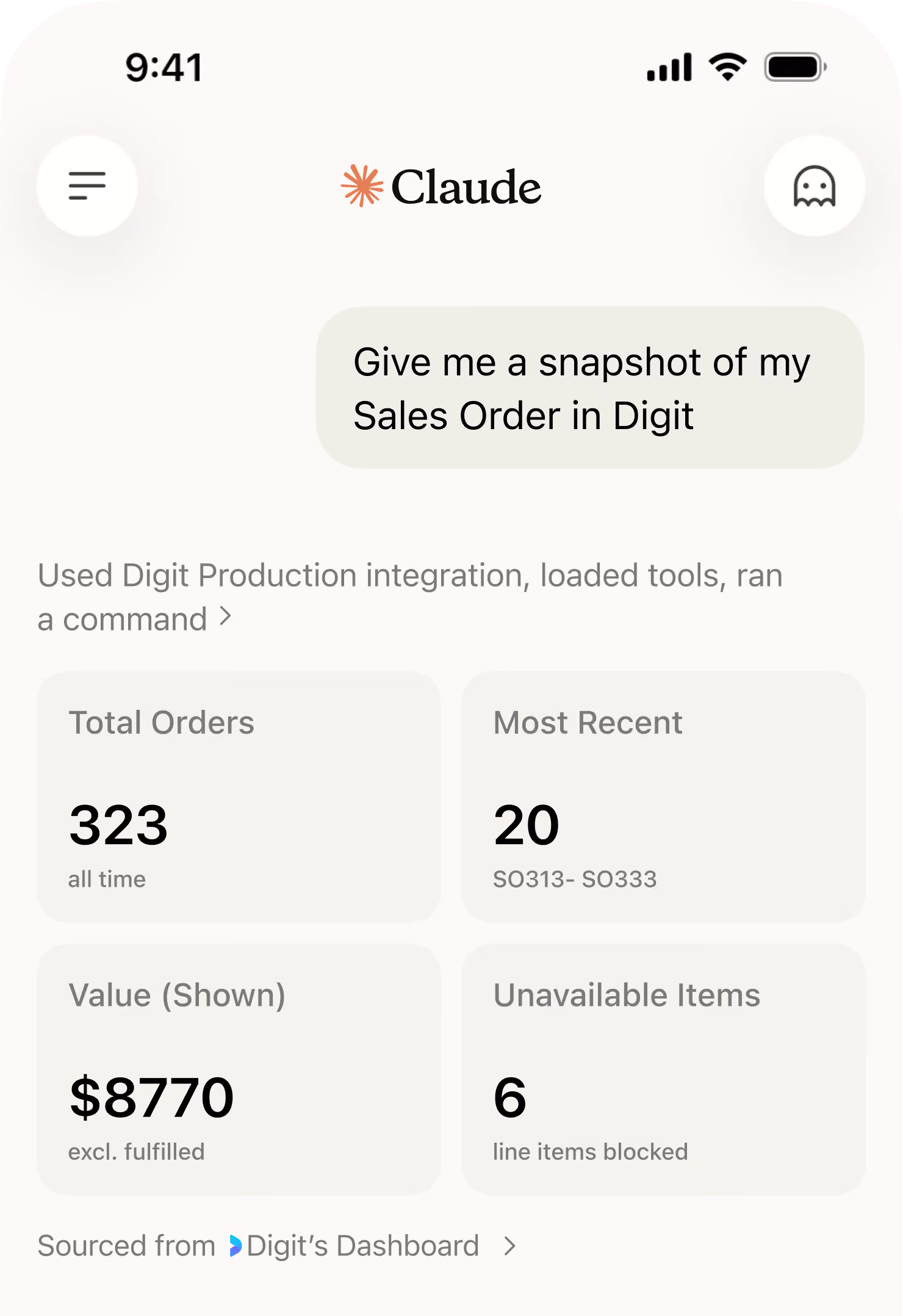 Digit assistant showing a sales orders snapshot