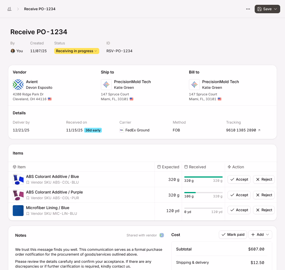 Purchase order management dashboard