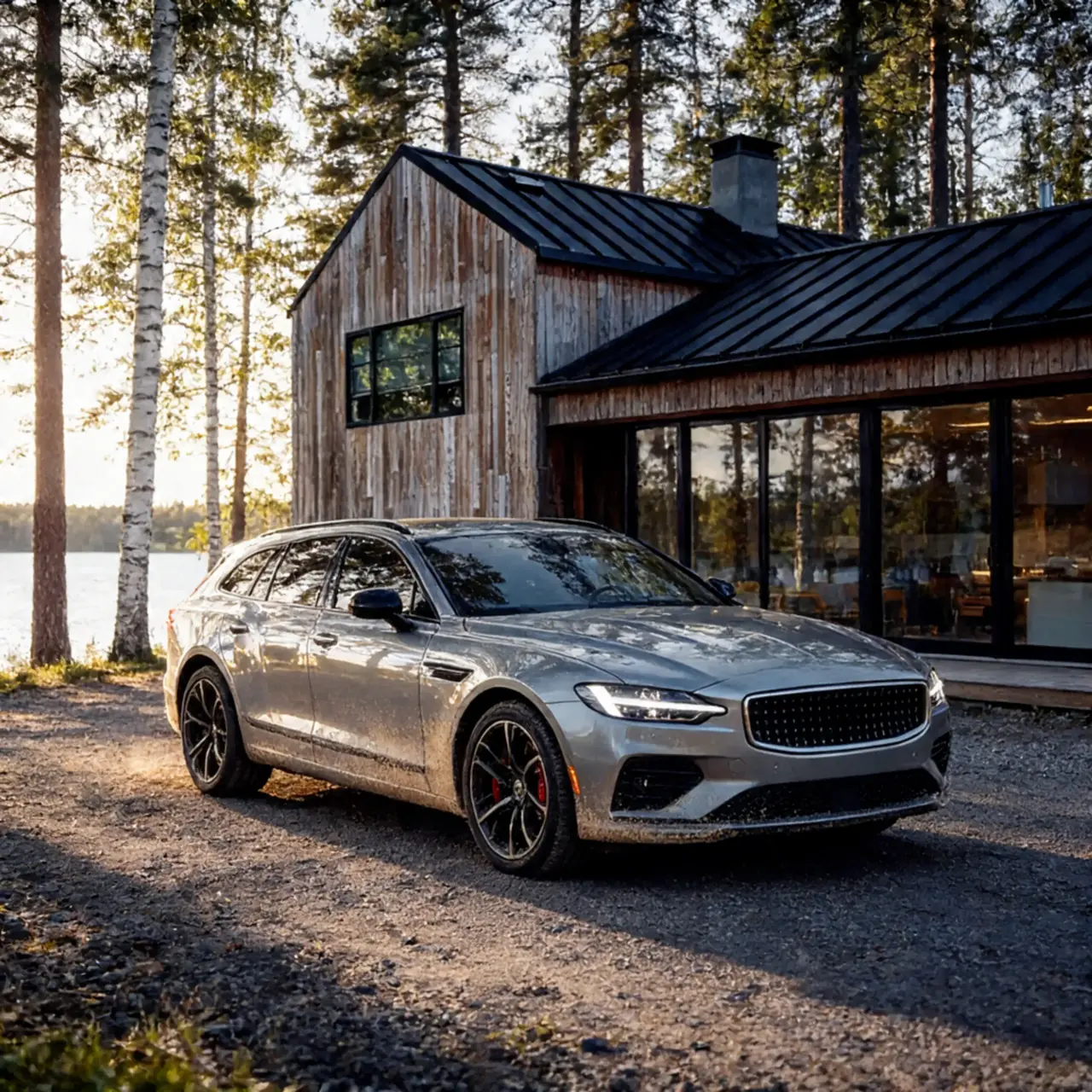 Silverfärgad kombi parkerad på en grusplan framför ett trähus vid en sjö i kvällssol