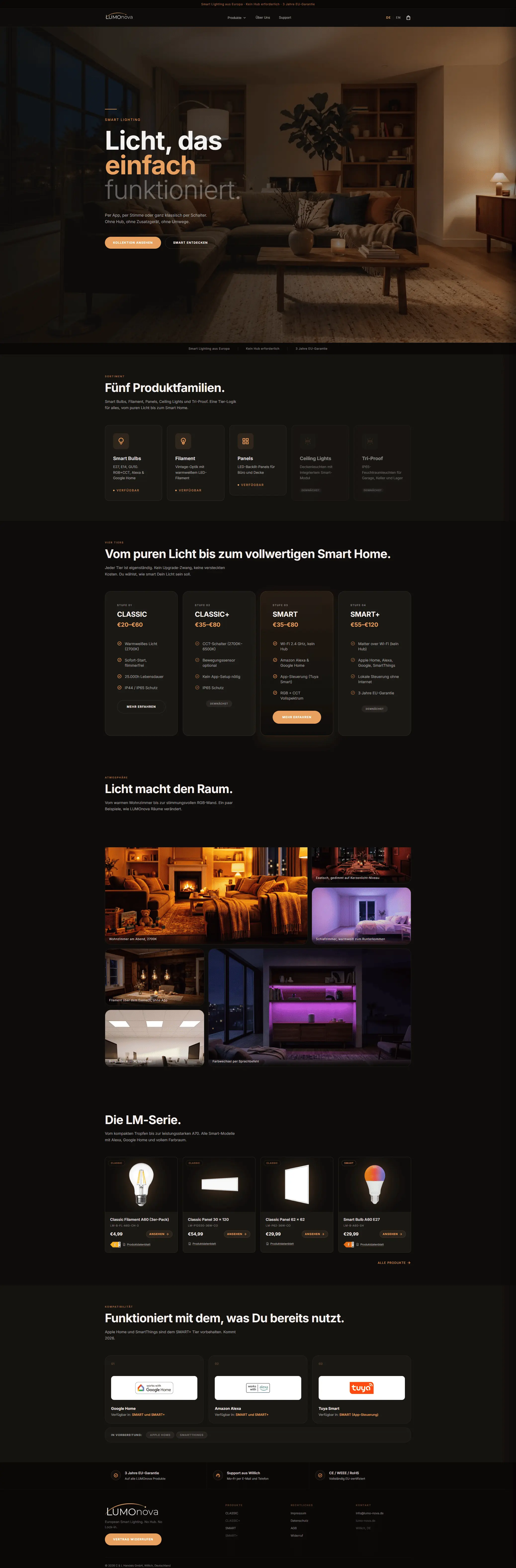 Ein Screenshot des neuen Onlineshops der Leuchten-Marke "LUMOnova"