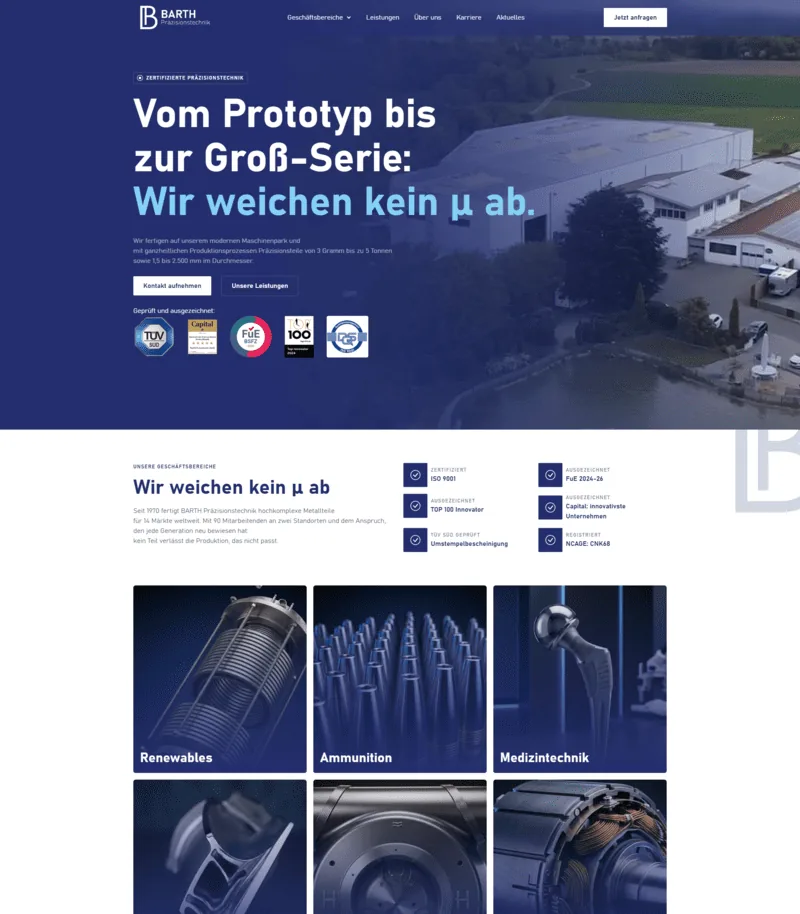 Startseite der Website von BARTH Präzisionstechnik GmbH