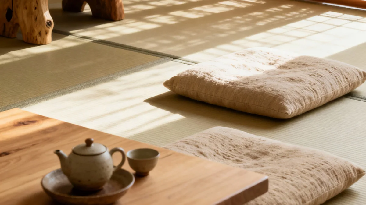 Calm living space with floor cushions, tea set, and warm sunlight