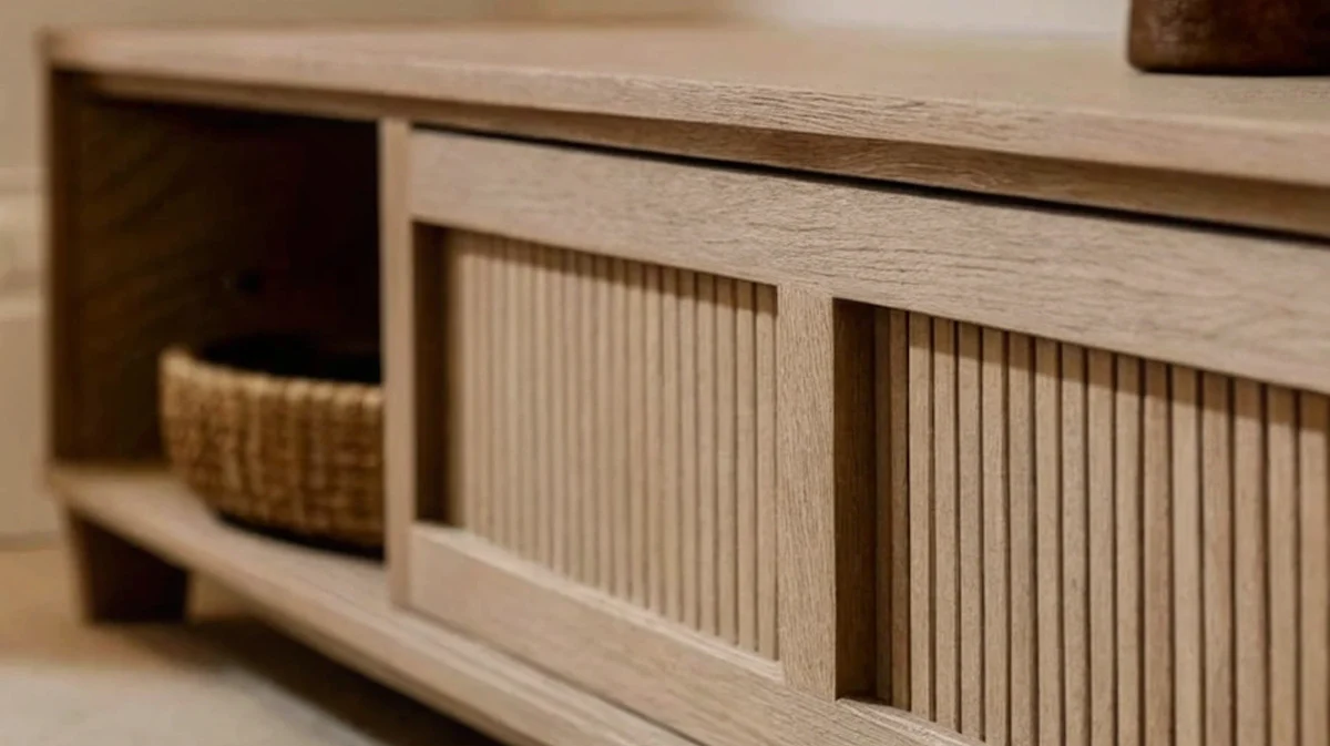 Close-up of a natural wood cabinet with textured panel doors