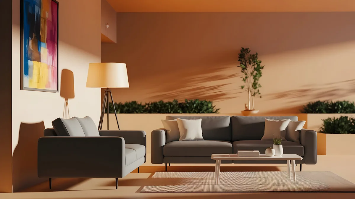Modern living room with neutral colors and warm natural lighting