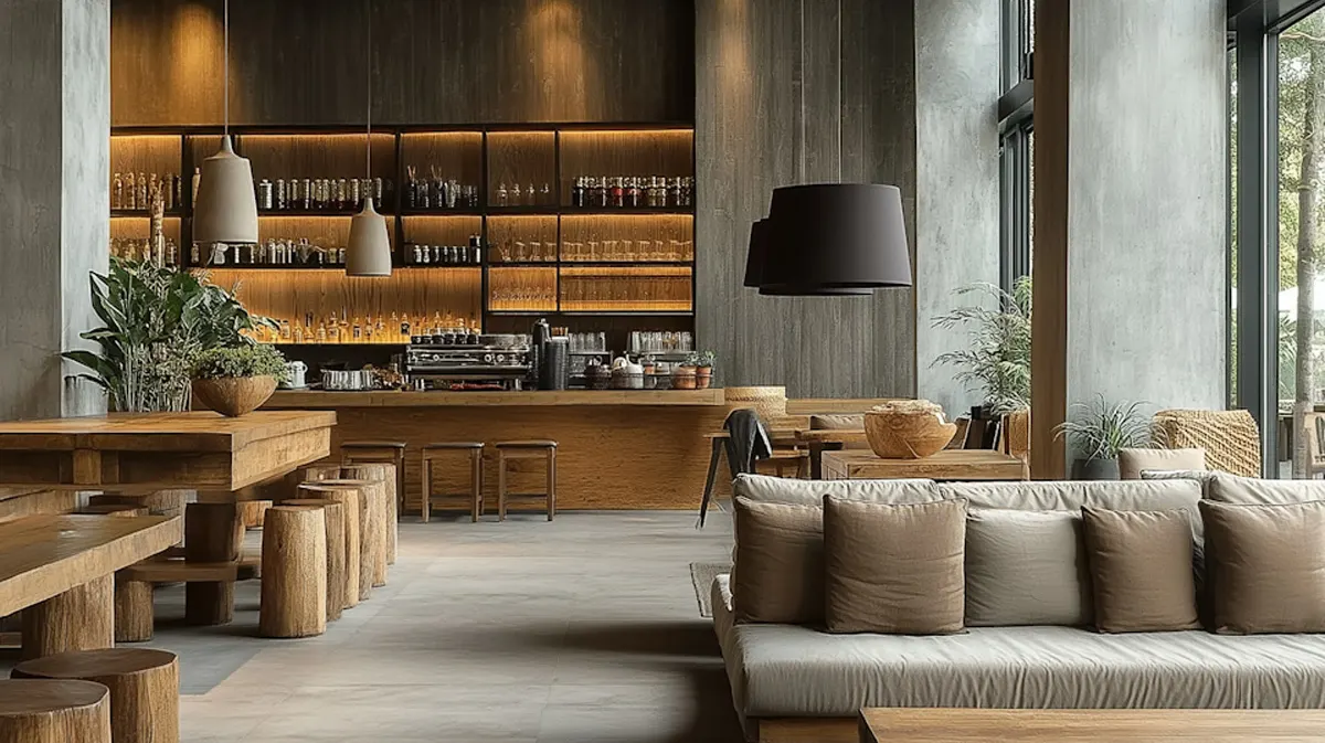 Interior view of a café or restaurant featuring comfortable seating and warm lighting.