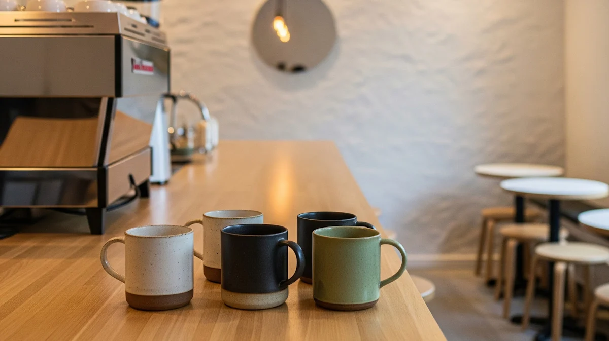A row of coffee mugs placed on a wooden table against a café interior backdrop.