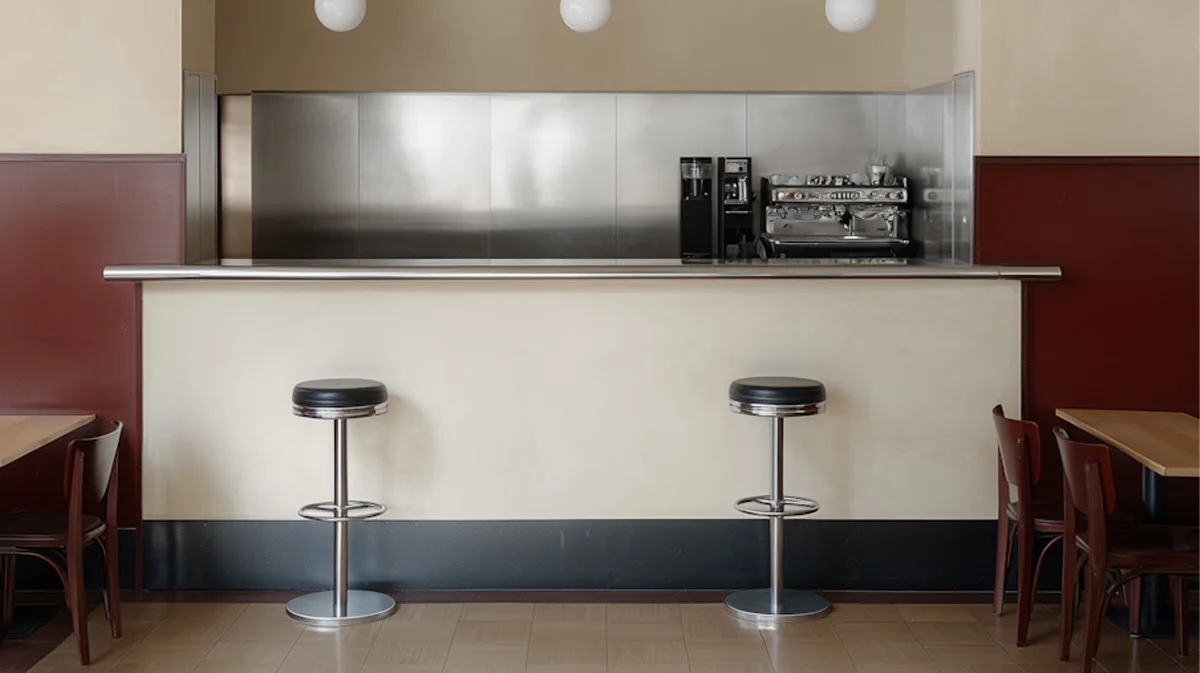 Corner view of a café bar area complete with bar stools and a service counter.