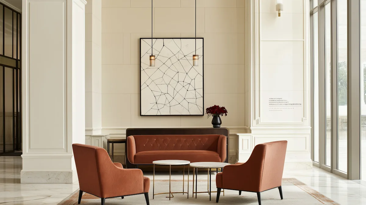 Elegant lounge area with modern armchairs and a center table.