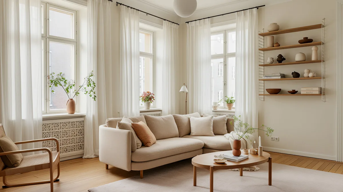 Cozy living room interior with a sofa, large windows, and warm natural lighting.