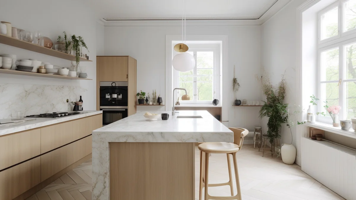 Modern kitchen interior featuring a clean island counter and bright windows.