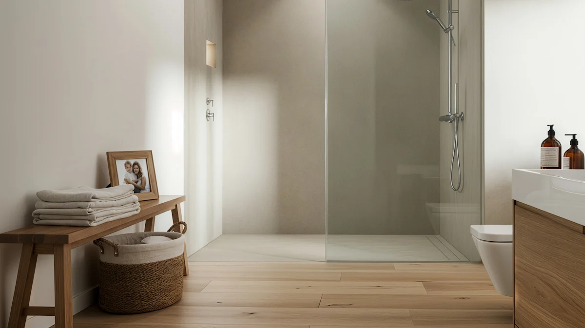 Minimalist bathroom interior with wooden elements and soft lighting.