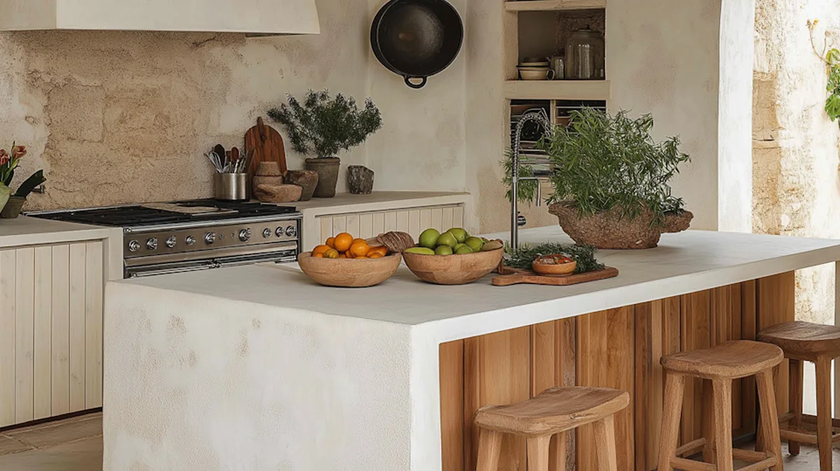 Modern kitchen island with marble countertop and bar stools.
