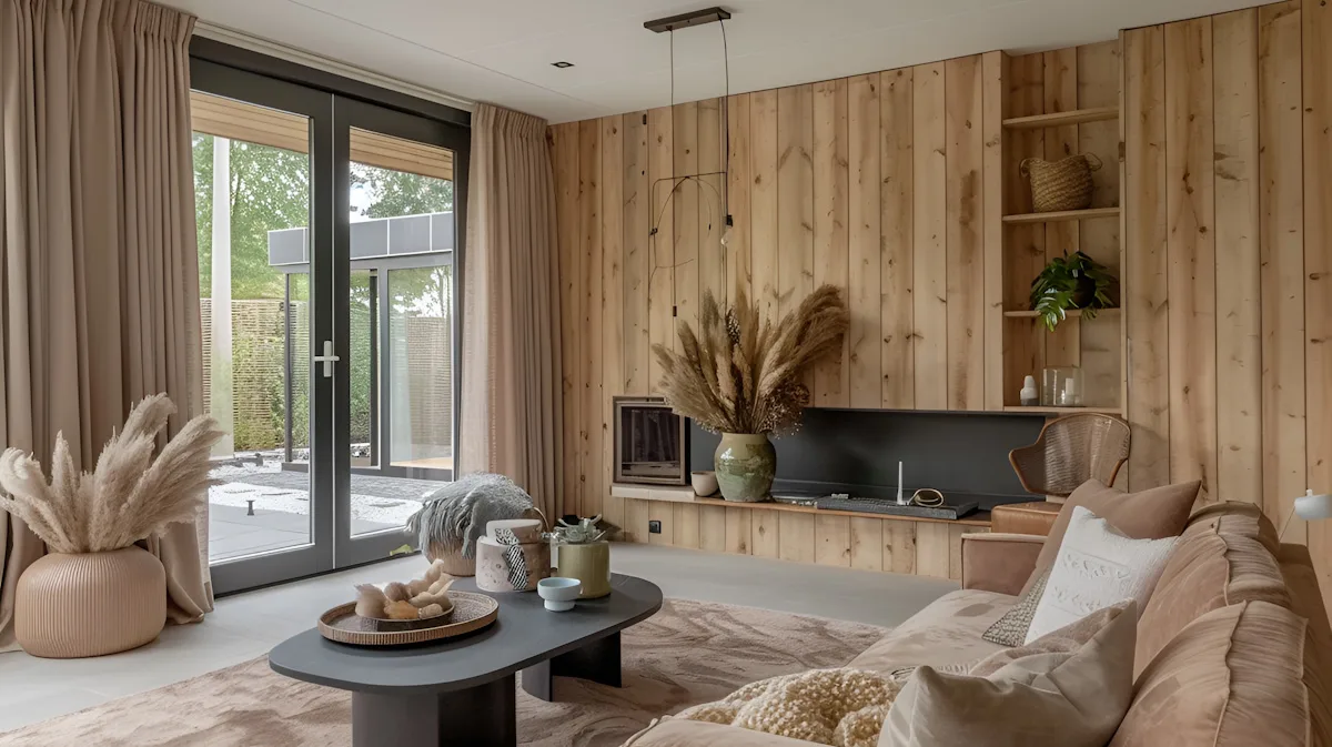 Warm living room interior featuring wooden wall paneling and cozy seating.