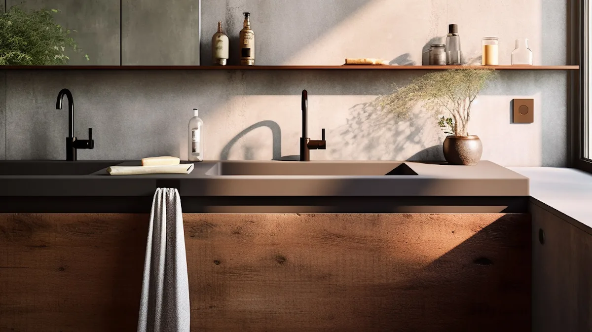 Contemporary kitchen sink and countertop setup with dark cabinetry and natural light.