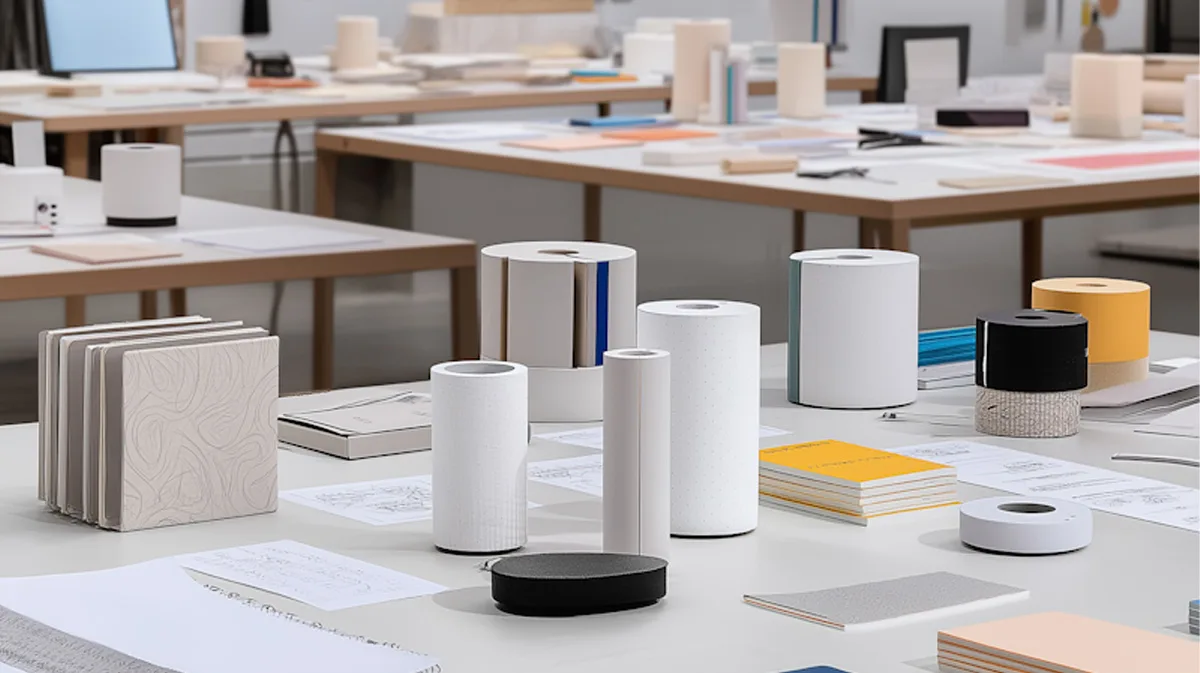 Creative workspace or studio table featuring product design prototypes and items.