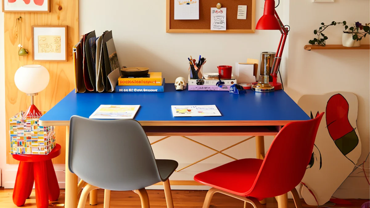 Modern creative studio room with a blue desk, chairs, and colorful decor.