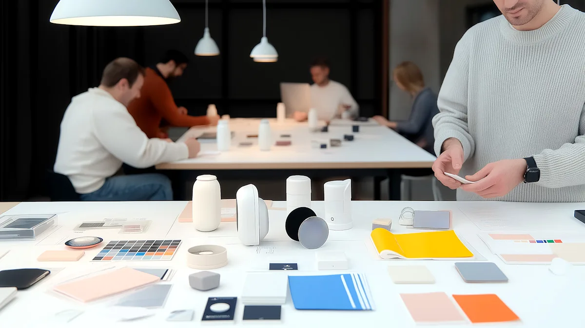 Designers collaborating over a creative layout and samples on a workshop table.