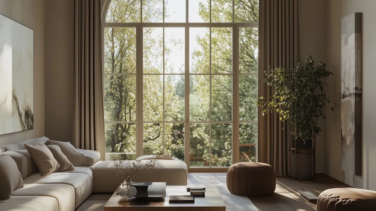 Elegant living room interior with a sofa and large windows framing lush greenery.