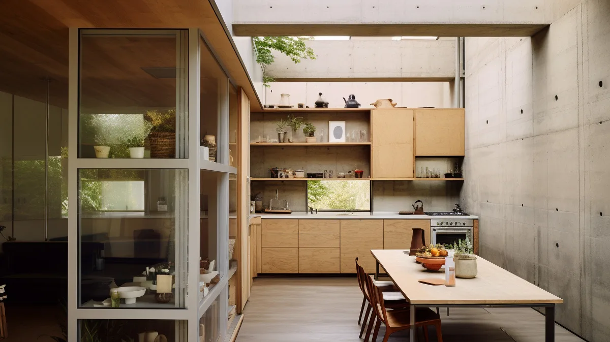 Modern kitchen and dining area opening to an outdoor view.
