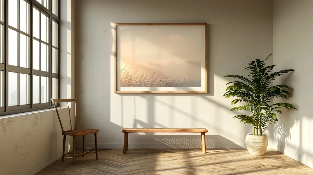Minimalist room corner with sunlight streaming through a grid window and a potted plant.