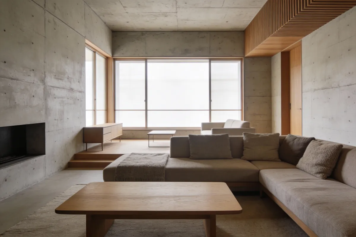 Minimalist living room with beige sectional sofa, wooden coffee table, and large frosted window.