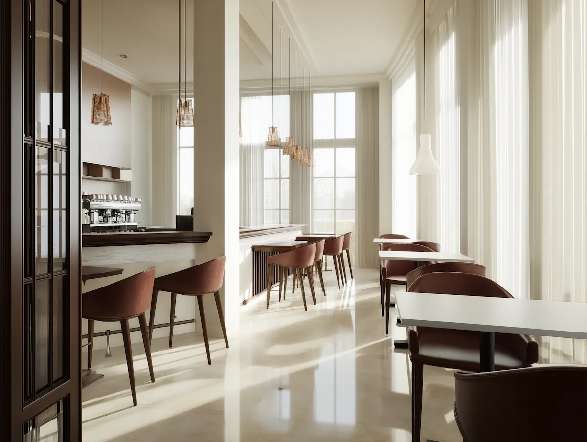 Bright modern cafe interior with brown chairs, white tables, large windows, and pendant lights.