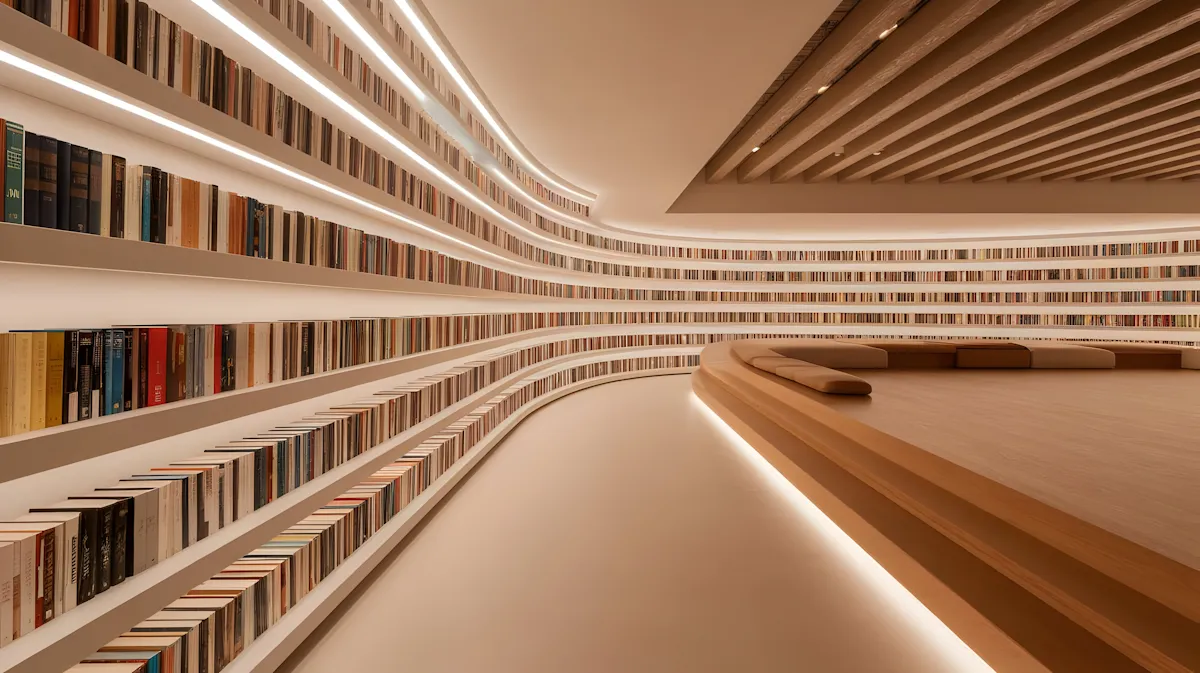 Modern library with curved shelves filled with books and wooden tiered seating with cushions.
