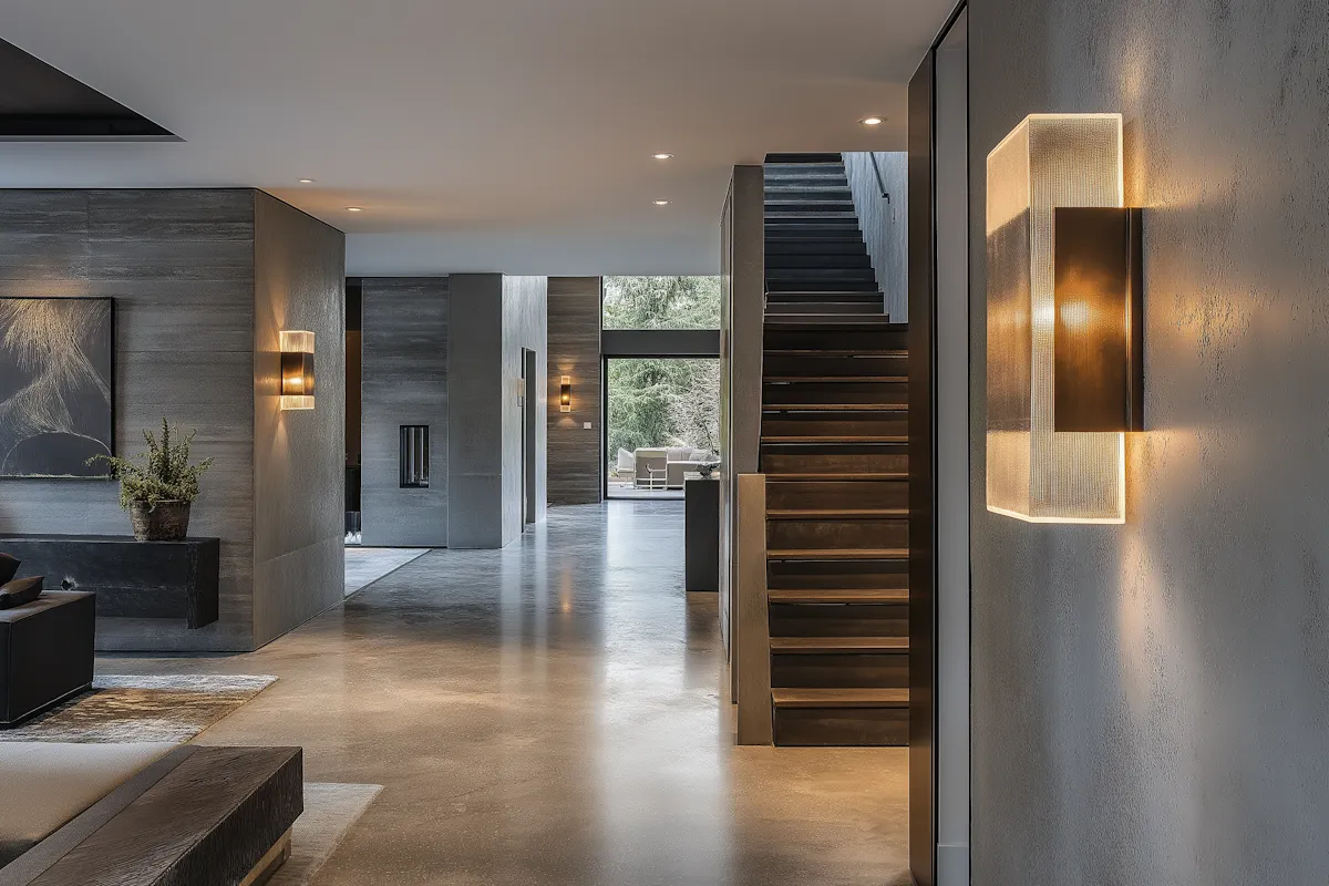 Spacious modern minimalist interior with polished concrete floors, dark stairs, and wall sconces.